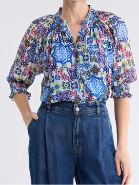 Ramy Brook Mai Smocked Button Front Top Size Small